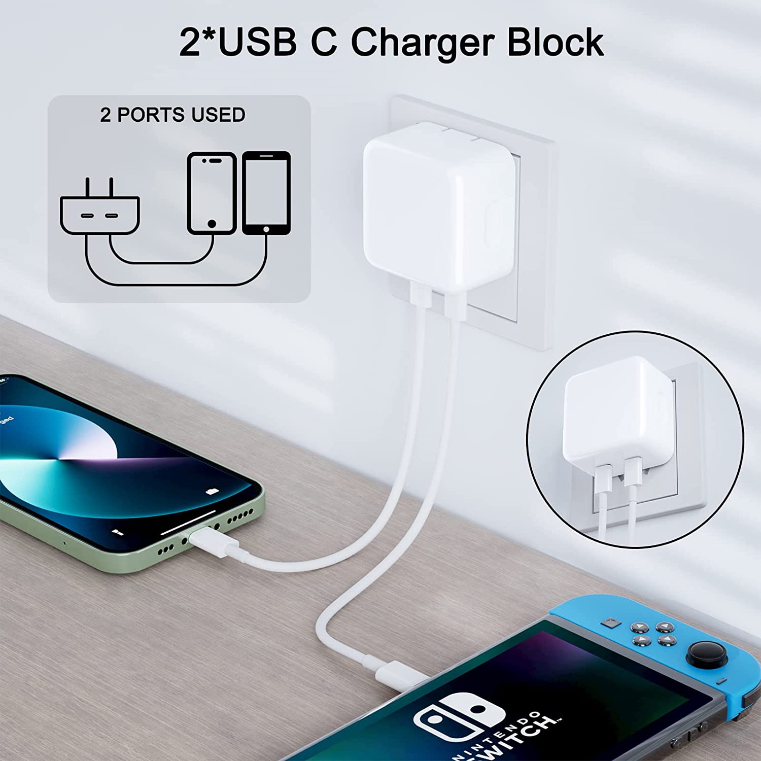 Adaptateur secteur à charge rapide double USB-C PD 3.0 35 W, chargeur mural et câble USB-C vers Lightning (1 m et 2 m) Adaptateur secteur à charge rapide double USB-C PD 3.0 35 W, chargeur mural et câble USB-C vers Lightning (1 m et 2 m)